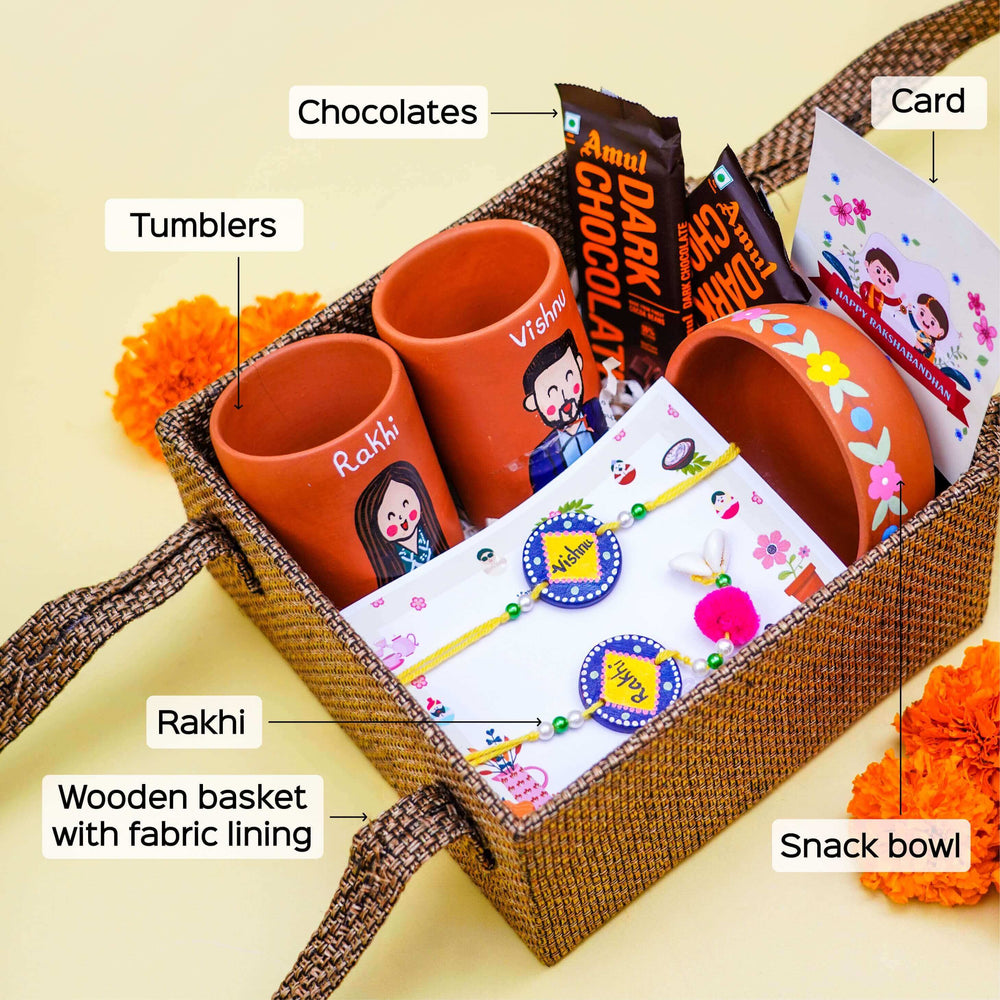 Personalized Terracotta Rakhi Hamper With Caricature 6 - Annotated Basket Contents
