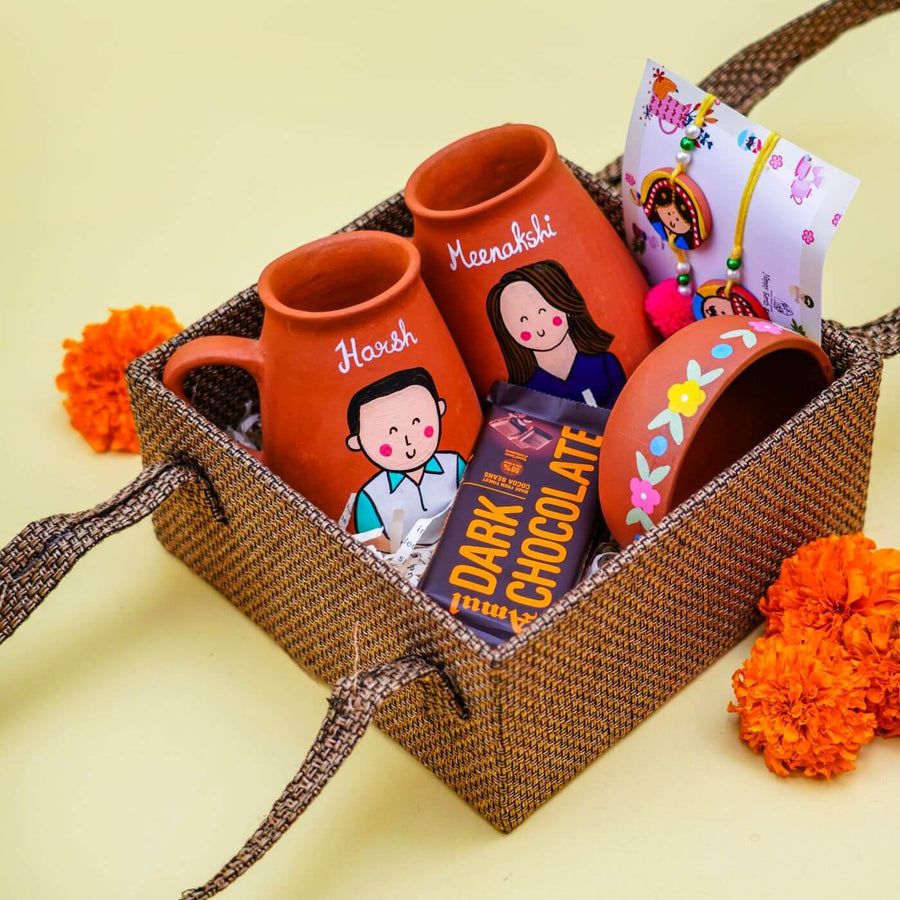 Personalized Terracotta Rakhi Hamper With Caricature 7 - Basket Gift Set Display