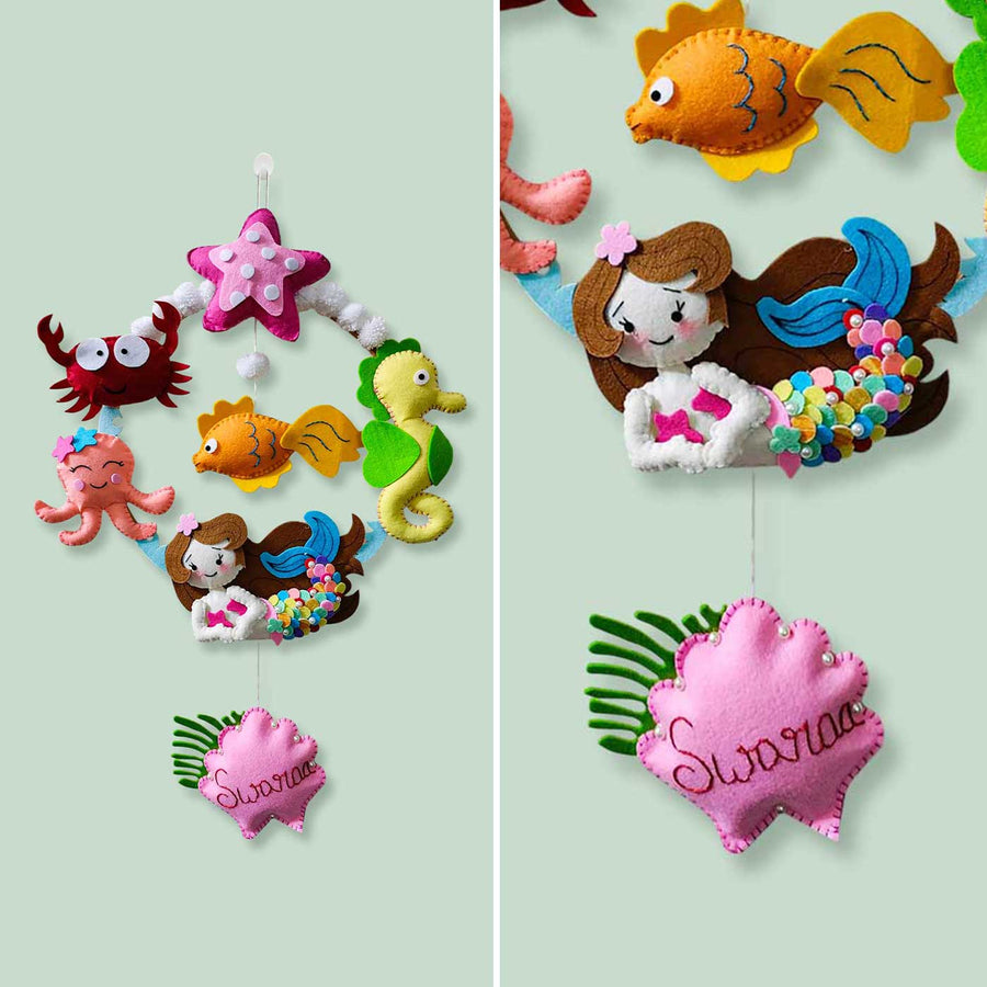 Personalized Mermaid Theme Felt Kids Name Plate - Full Mobile Hanging Display and Name Close-up