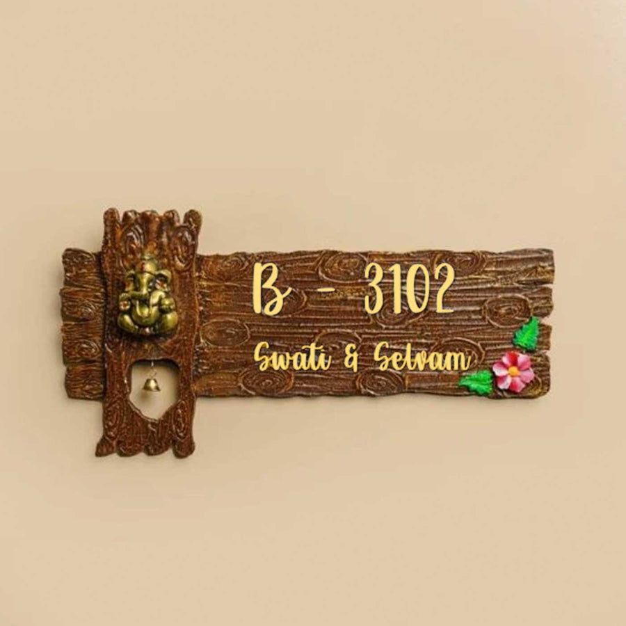 Personalized Ganesha Theme Mdf Wood Name Plate - Front View with Name Personalization