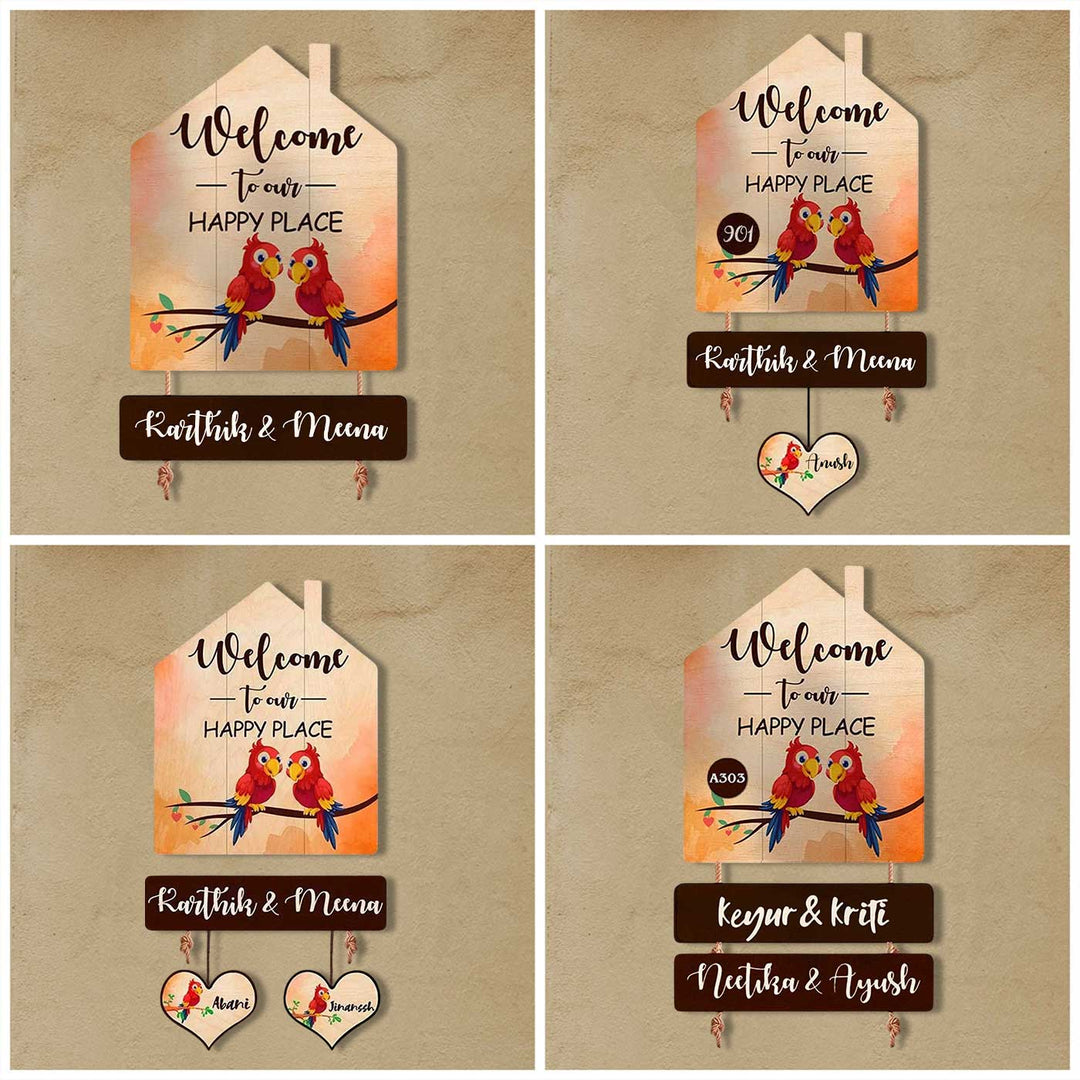 Printed Wooden House Shaped Parrot Nameplate For Family With One Child - Personalization Placement Examples