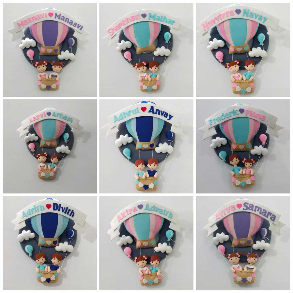 Handcrafted Personalized Hot Air Balloon Felt Nameplate For Siblings - Multiple Front Views with Name Personalization