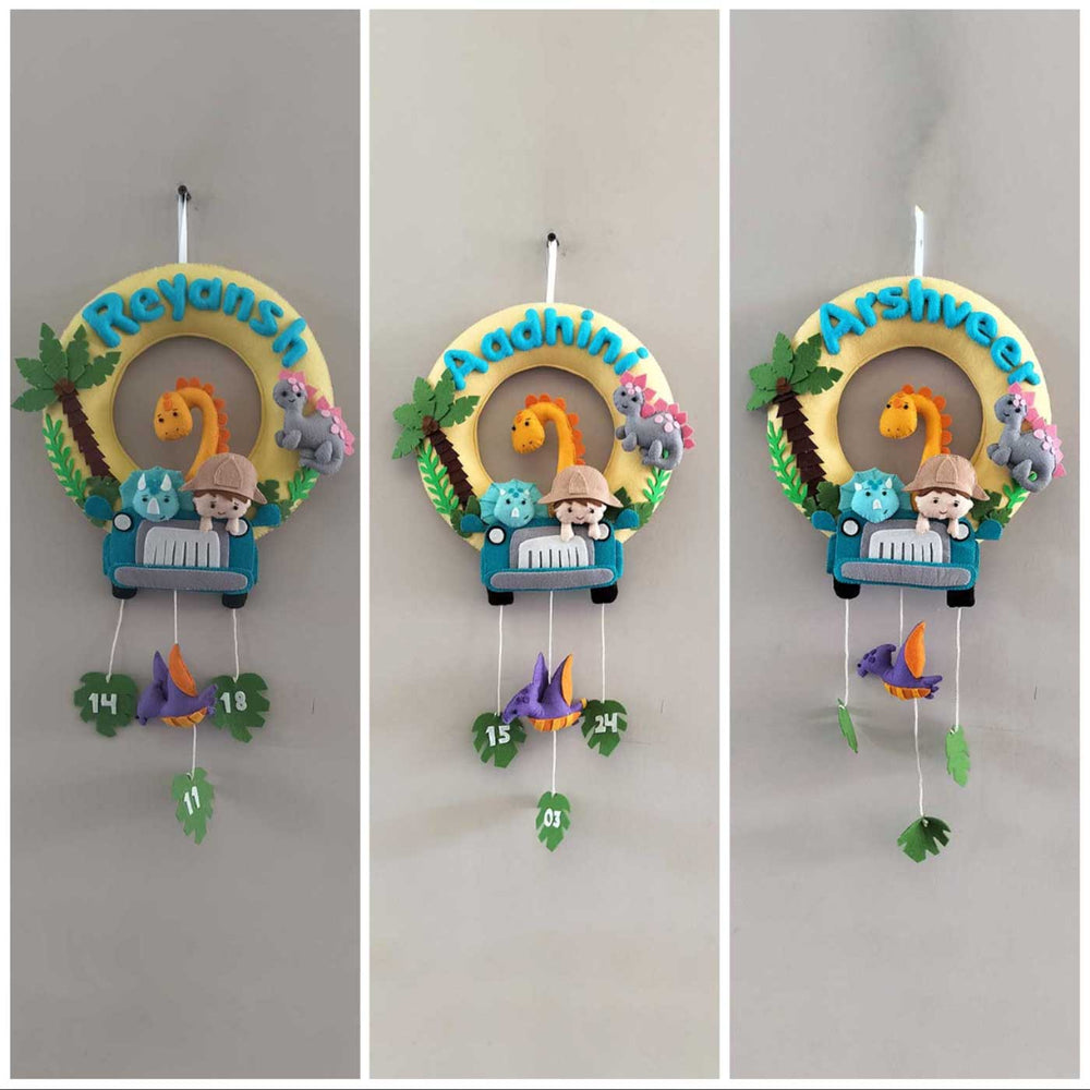 Personalized Dino World Safari Theme Round Felt Kids Nameplate - Name Personalization Examples Front View