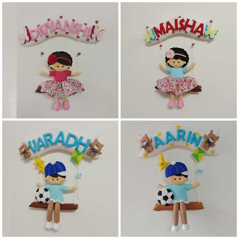 Hand Stitched Felt Kids Swing Name Plate For Girls - Mounted on Wall Name Personalization Example