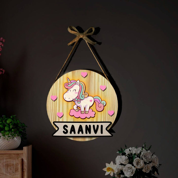 Kids Circular 3D Unicorn Themed Nameplate with Lights