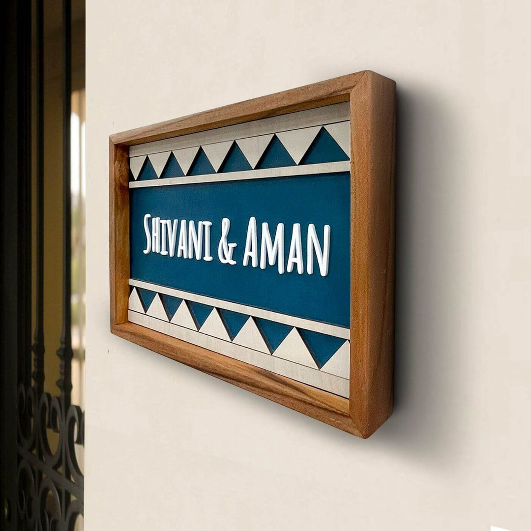 Wooden Personalized Framed Couples Nameplate - Side Angle Mounted on Wall