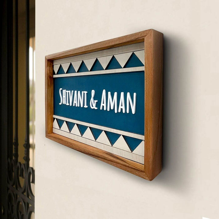 Wooden Personalized Framed Couples Nameplate - Side Angle Mounted on Wall