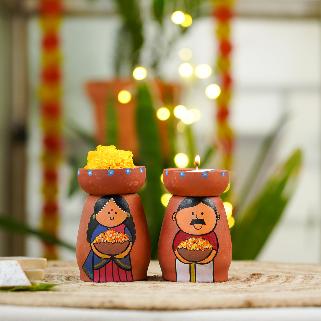 Hand-Painted Phool Wala Theme Terracotta Tealight Holder | Set Of 2