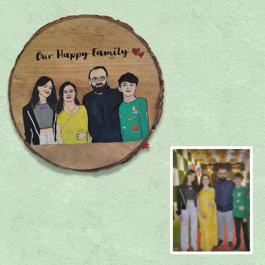 Hand Painted Personalized Family Caricature Plaque On Bark Base - Mounted on Wall with Personalization