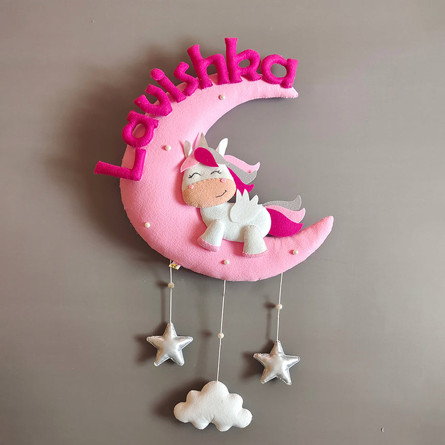 Hand Stitched Cute Unicorn Themed Moon Felt Name Plate - Front View Hanging Wall Mobile