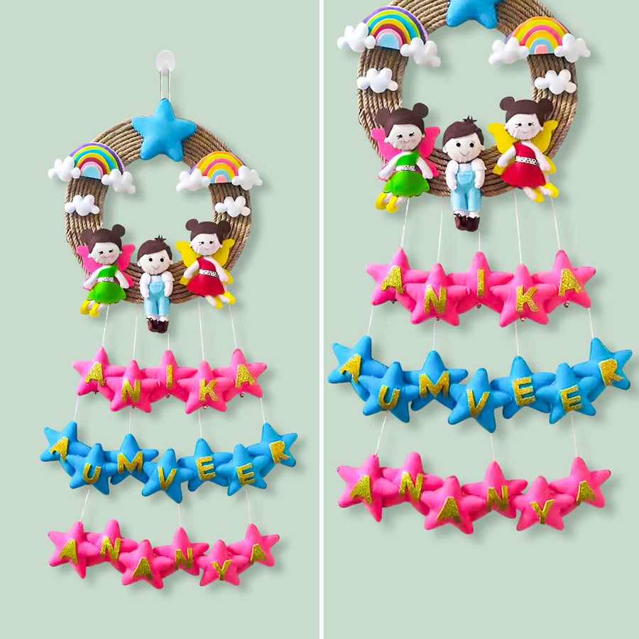 Personalized Rainbow Theme Felt Kids Name Plate For Siblings 2 New - Front View with Name Personalization