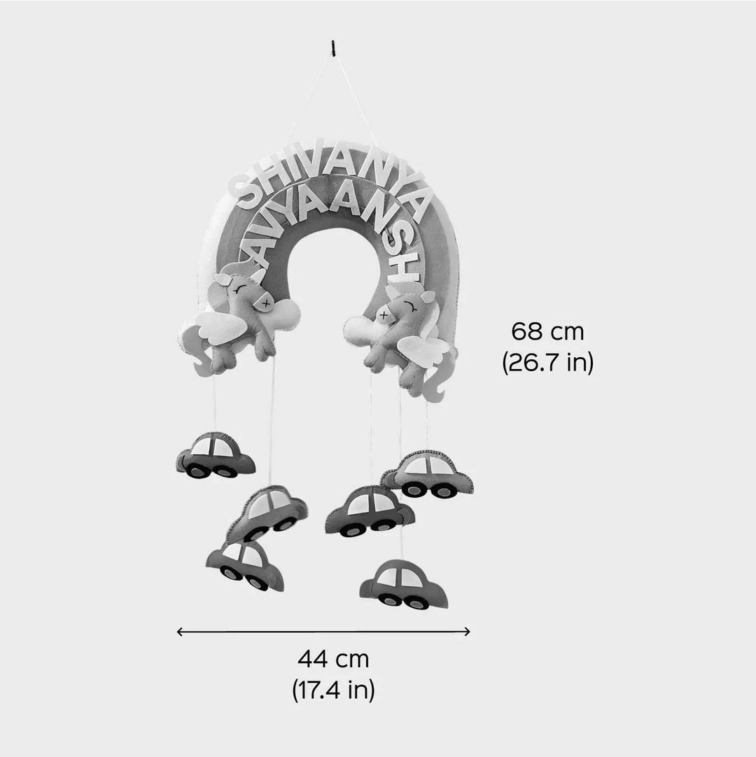 Personalized Unicorn And Cars Theme Felt Kids Name Plate For Siblings - Front View with Dimensions