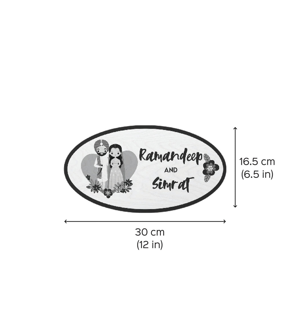 Printed Wooden Oval Sikh Couple Nameplate For Couples - Dimension Chart with Personalized Names