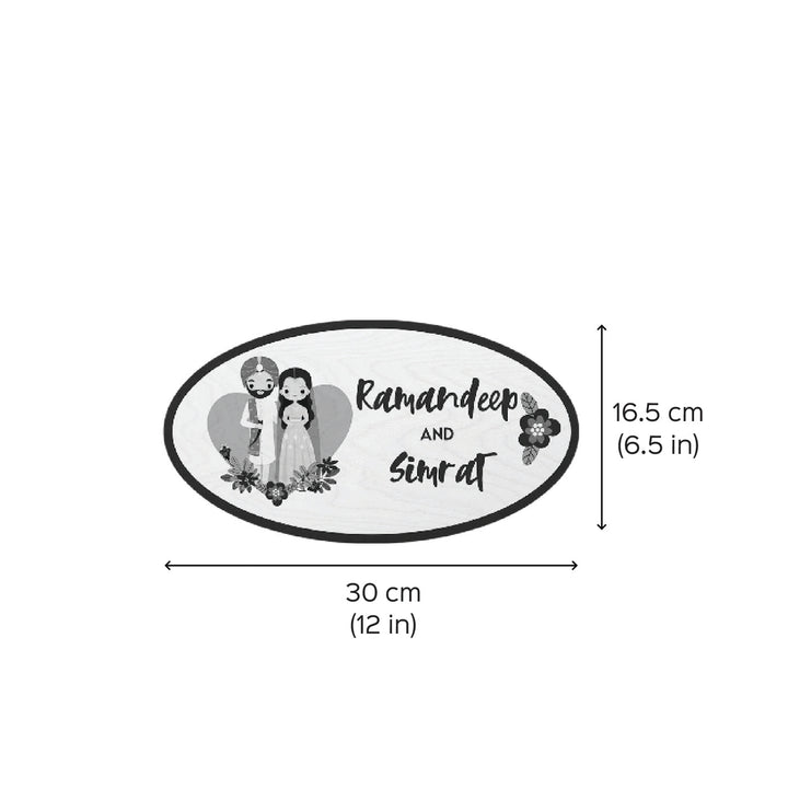 Printed Wooden Oval Sikh Couple Nameplate For Couples - Dimension Chart with Personalized Names