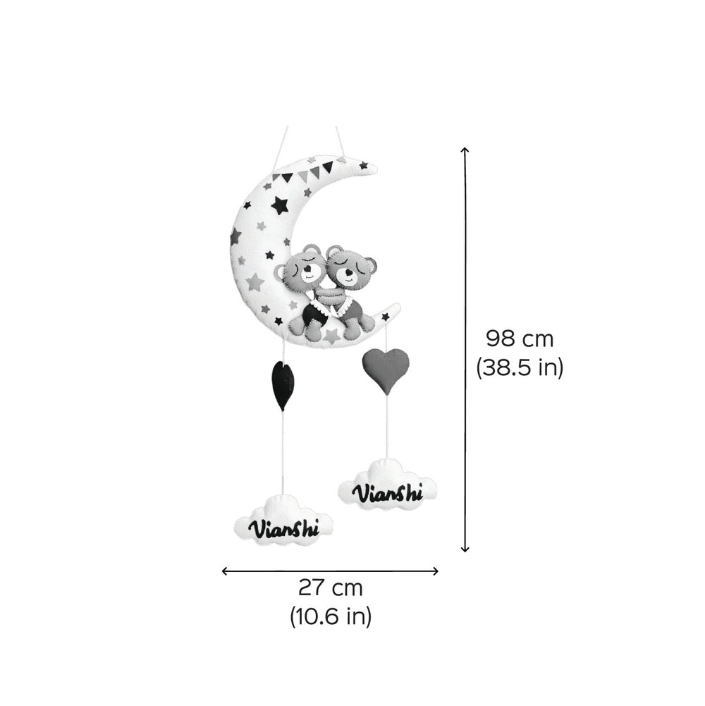 Personalized Handmade Pink Moon Felt Name Plate For Siblings - Dimension Chart with Hanging Display