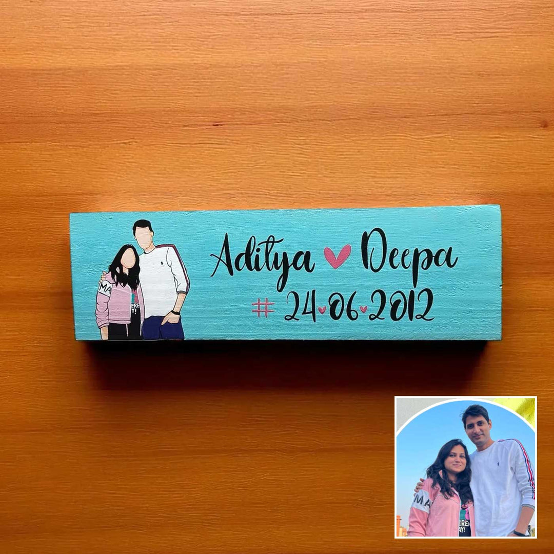 Photo Personalized Hand-Painted Couples Theme MDF Wood Name Plate