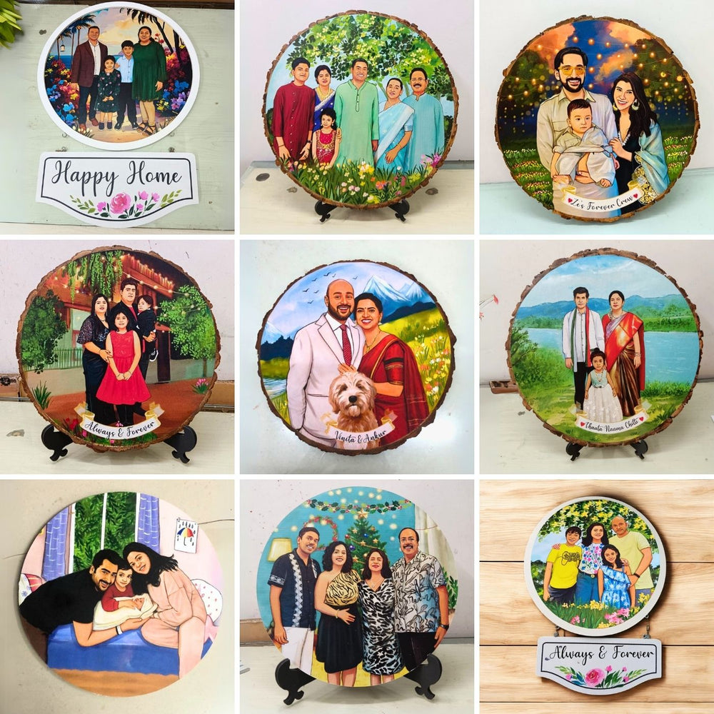 Photo Caricature Nameplate With Stand For Small Family 1 - Grid showing multiple personalized wood rounds