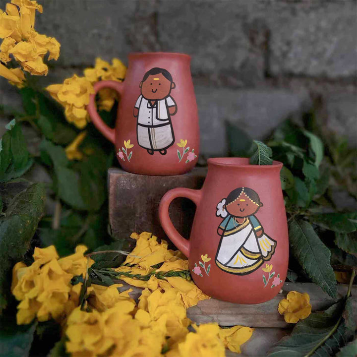 Handpainted Clay Mugs with Regional Characters For Couples & Wedding Gifts