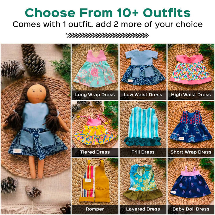 Nilah in Low Waist Dress With Changeable Outfits | Soft Hand-Stitched Sustainable Indian Play Doll