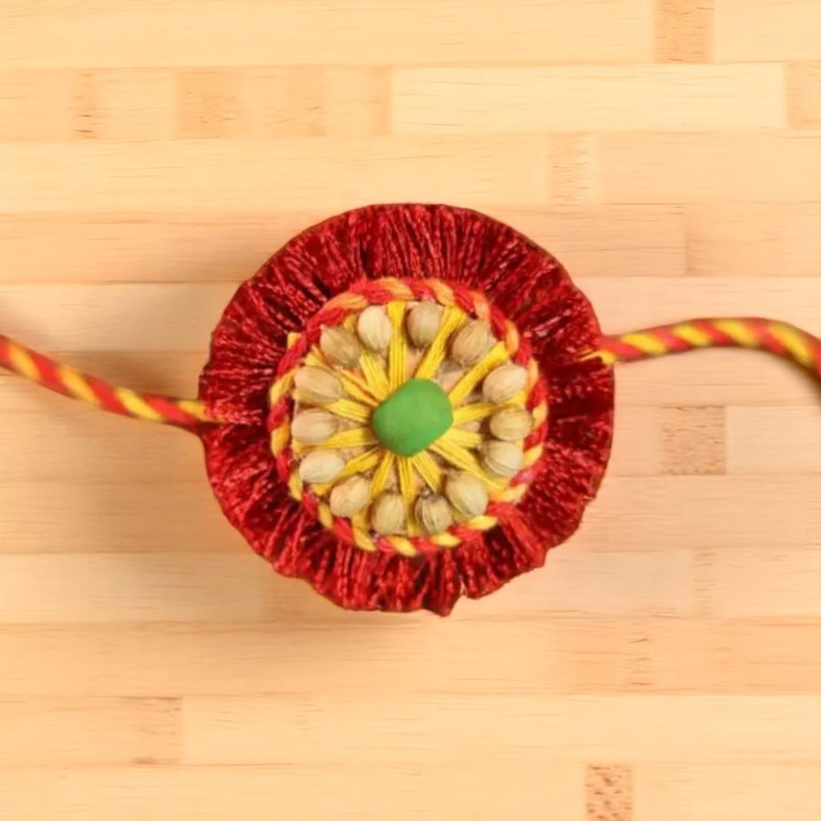 Sneh Plantable Eco Friendly Handmade Cork Rakhi With Roli Chawal - Close-up Top View