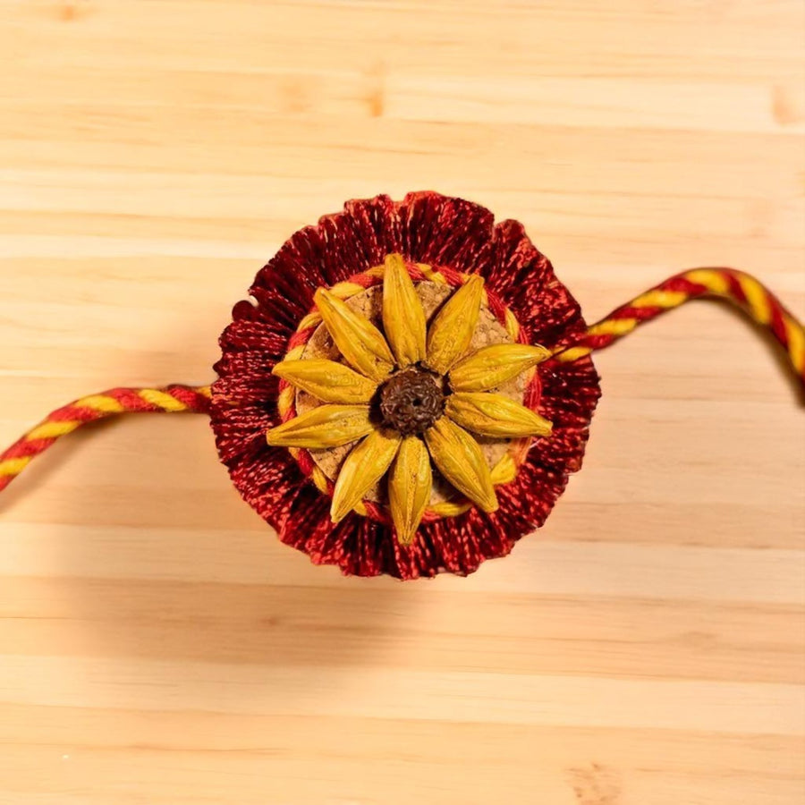 Surajmukhi Plantable Eco Friendly Handmade Cork Rakhi With Roli Chawal - Top Close-up View