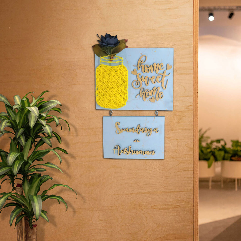 Home Sweet Home Mason Jar String Art Personalised Name Plate 4 - Mounted on Wood Wall Display