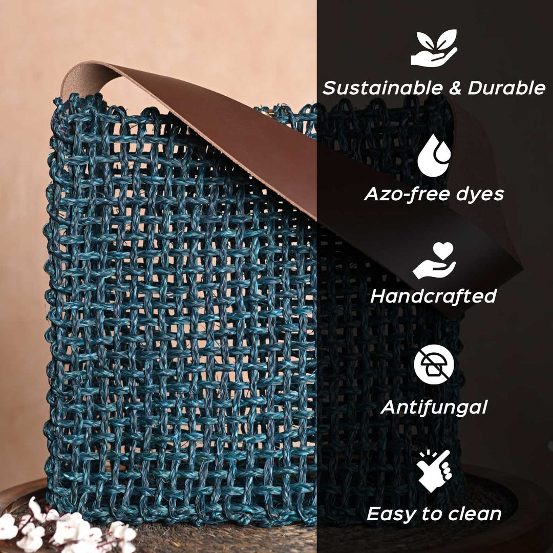 Handmade Grass Woven Box Shaped Leather Strap Golden Sabai Mesh Tote Bag