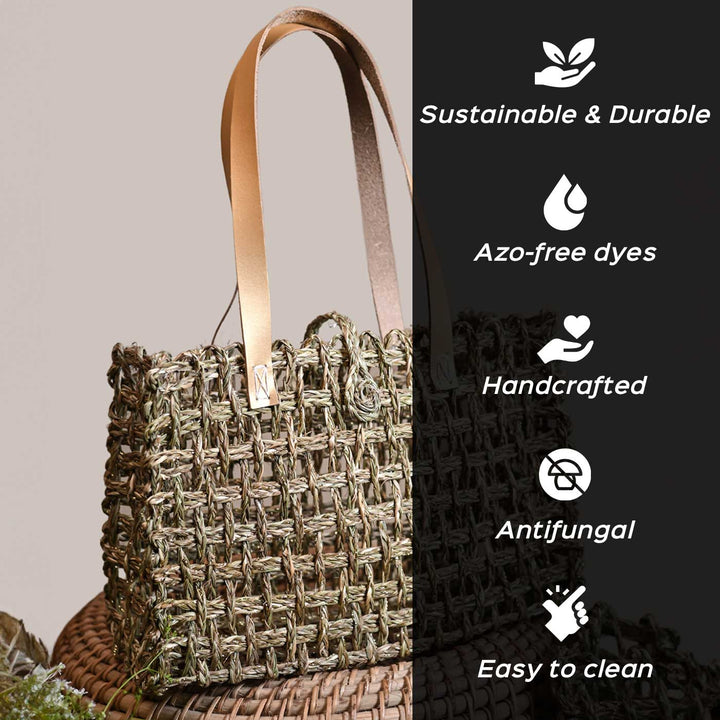 Handmade Grass Woven Rectangular Mesh Leather Strap Black And Gold Sabai Mesh Tote Bag