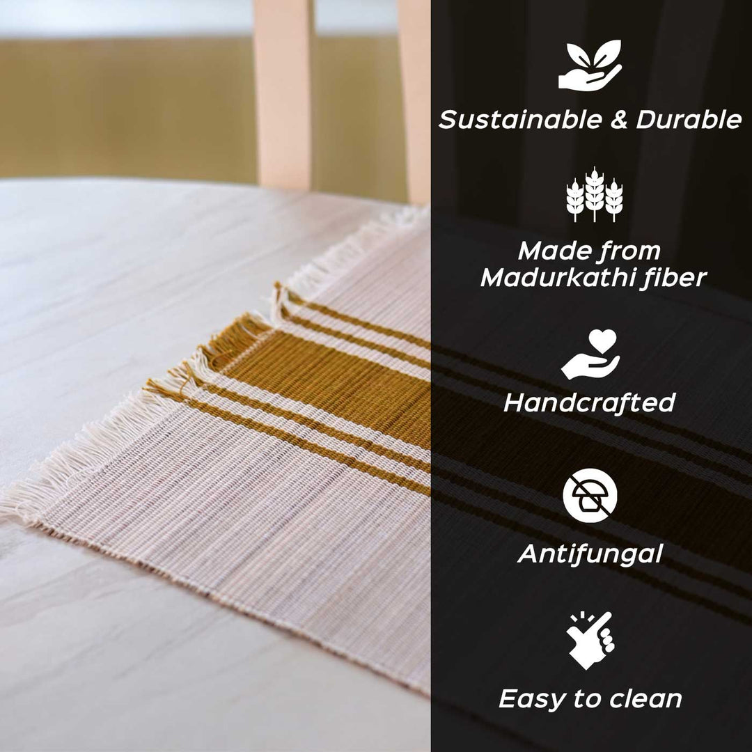 Hand Woven Double Striped Madhurkati Grey Table Mat | 15 x 11 inch