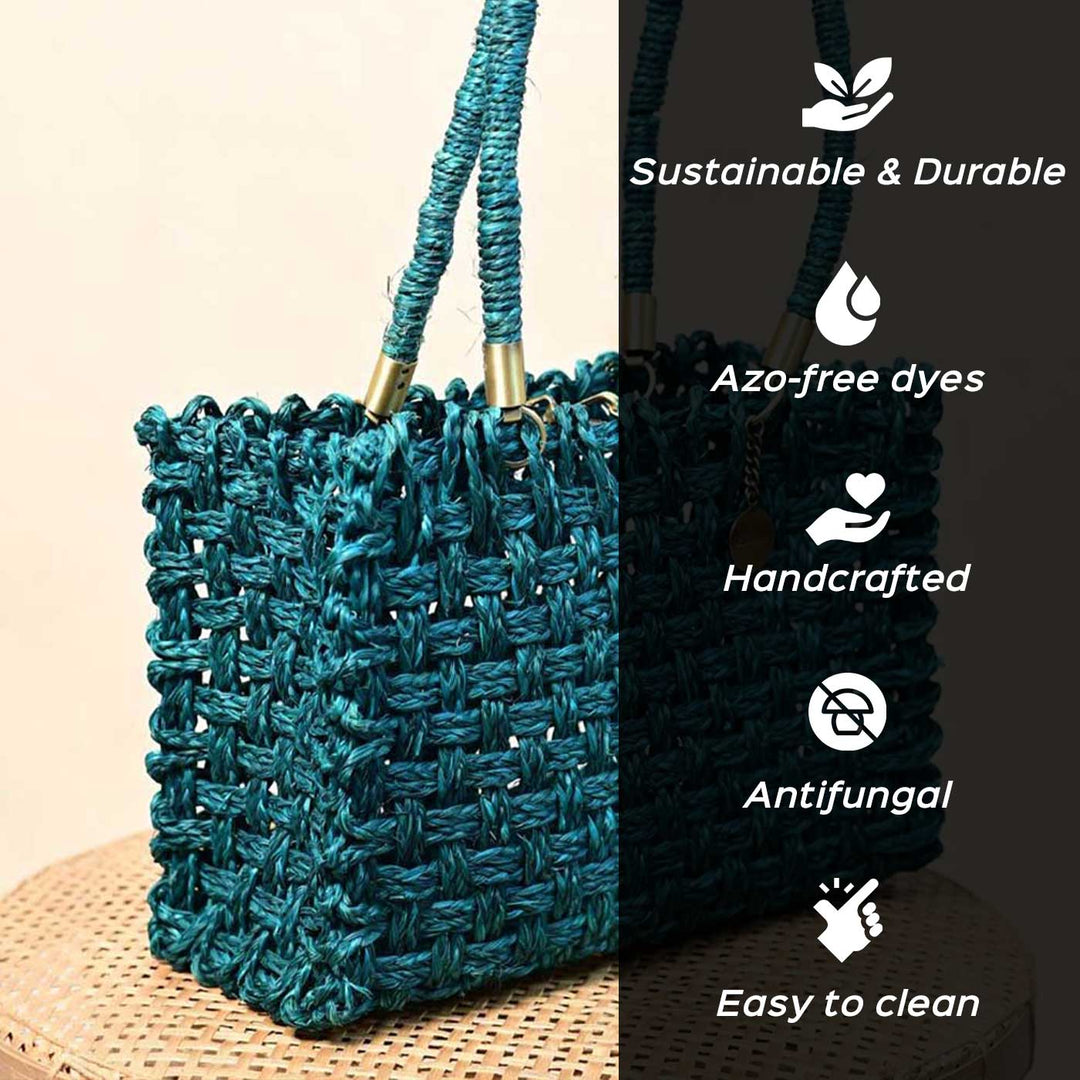 Handmade Grass Woven Vegan Wrapped Rope Handles With Metal Accents Indigo Sabai Mesh Handbag