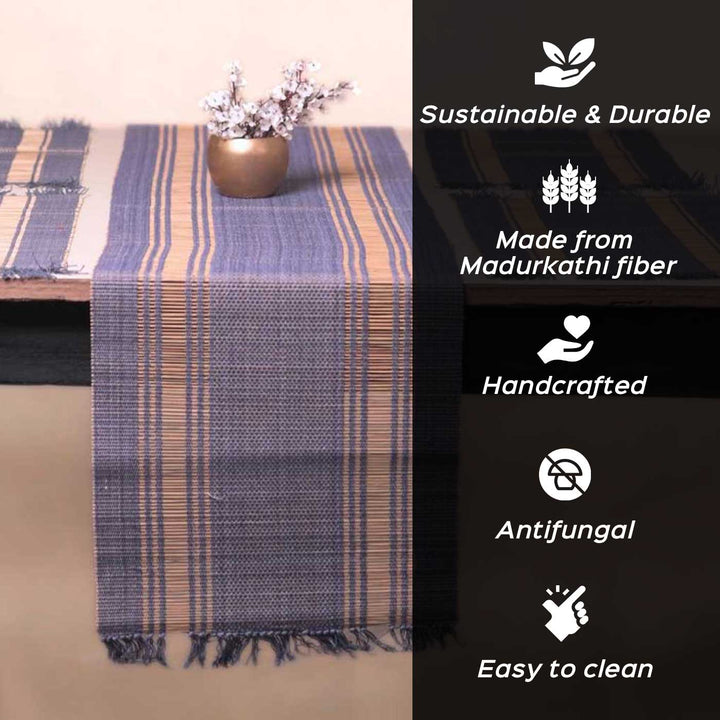 Hand Woven Double Striped Madhurkati Green Table Runner & Table Mat
