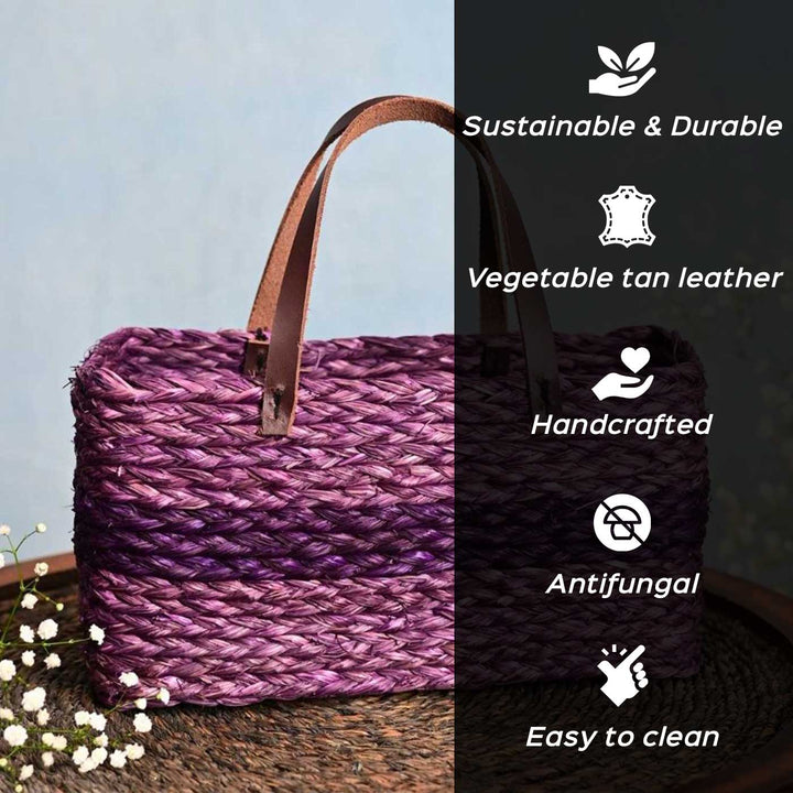 Handmade Grass Woven Single Striped Lavender Sabai Mesh Handbag