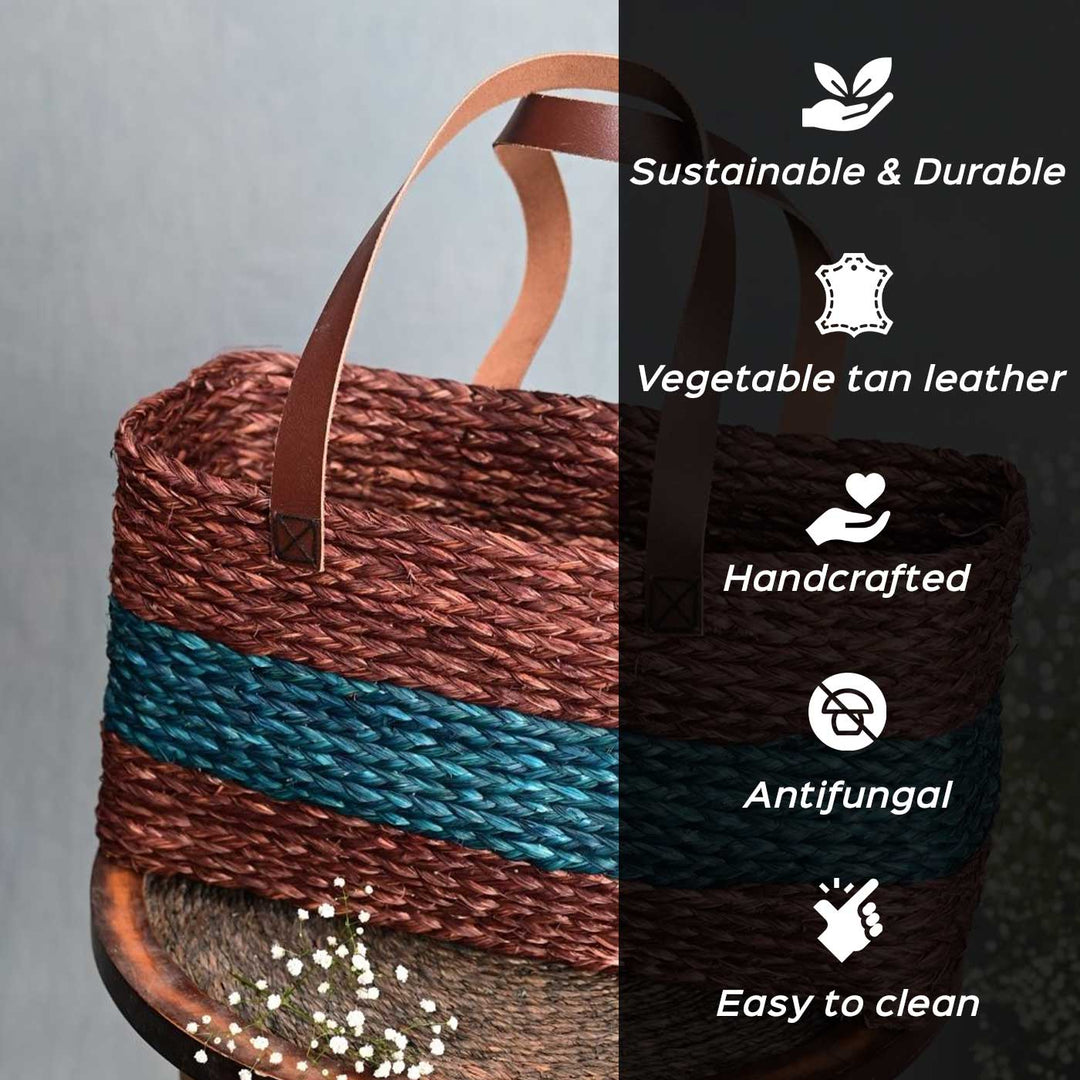 Handmade Grass Woven Single Brown And Indigo Horizontal Stripped Sabai Mesh Handbag