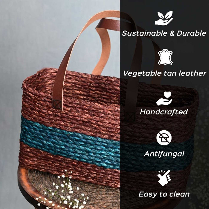 Handmade Grass Woven Single Brown And Indigo Horizontal Stripped Sabai Mesh Handbag