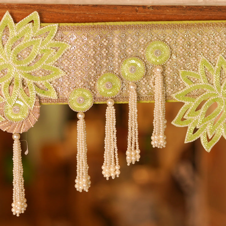 Hand Embroidered Beaded Green & White Designer Toran