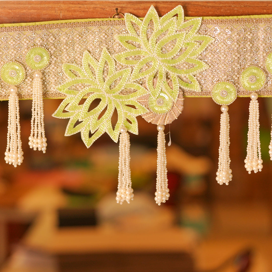 Hand Embroidered Beaded Green & White Designer Toran