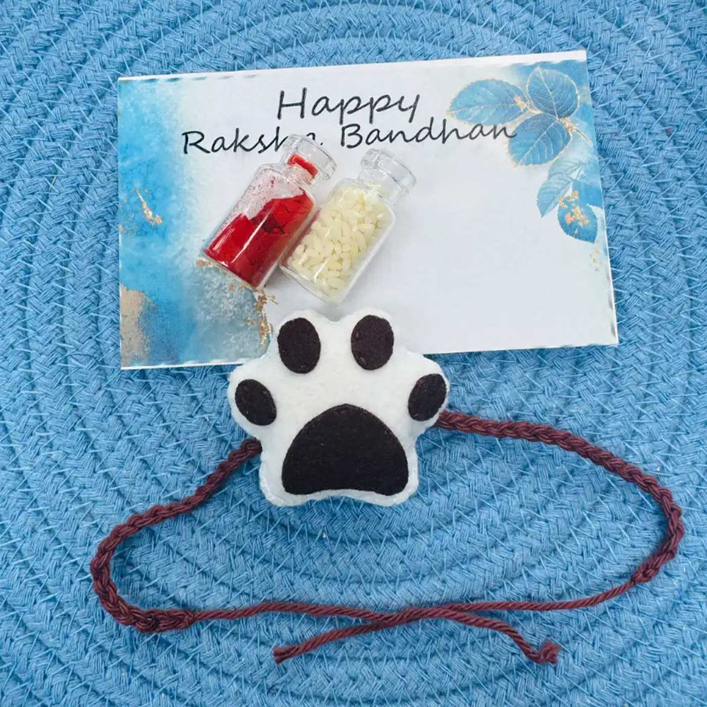 Handmade Paw Theme Felt Rakhi With Roli Chawal For Pets - Front View with Greeting Card