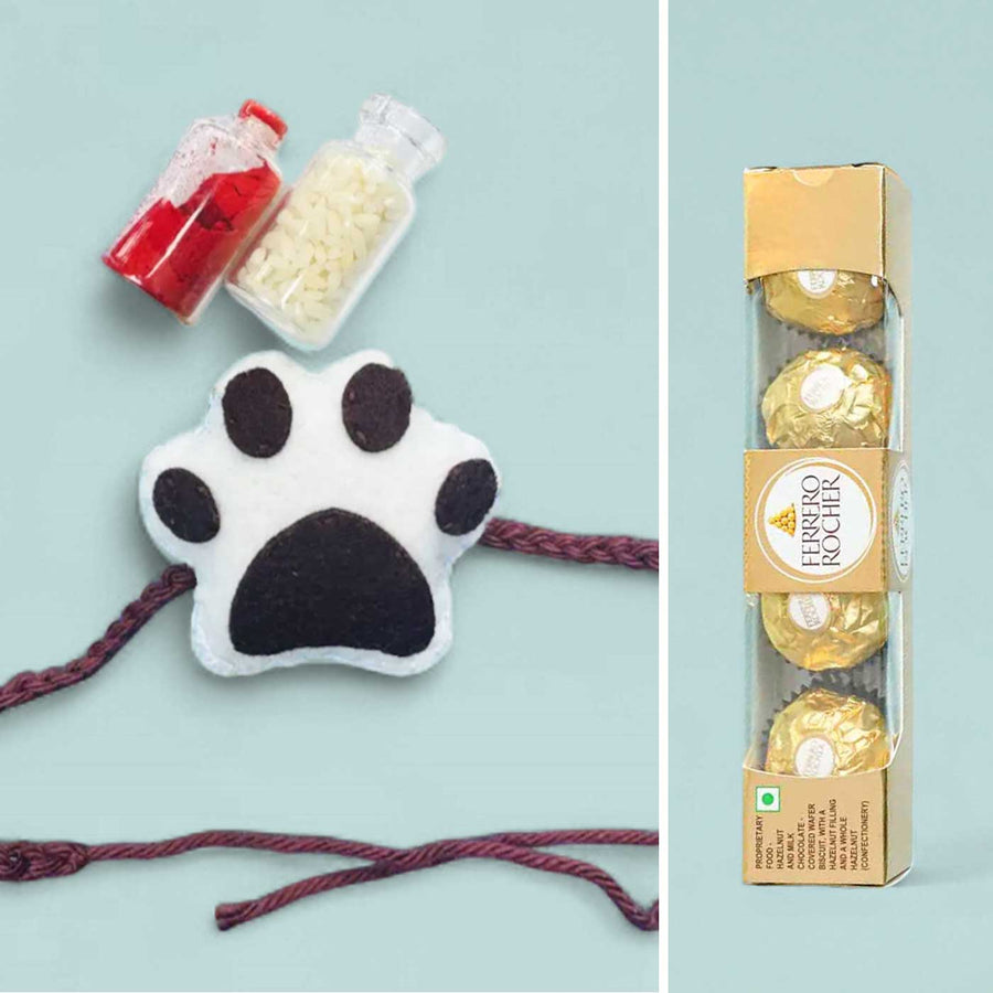 Handmade Paw Theme Felt Rakhi With Roli Chawal For Pets - Front View with Chocolates
