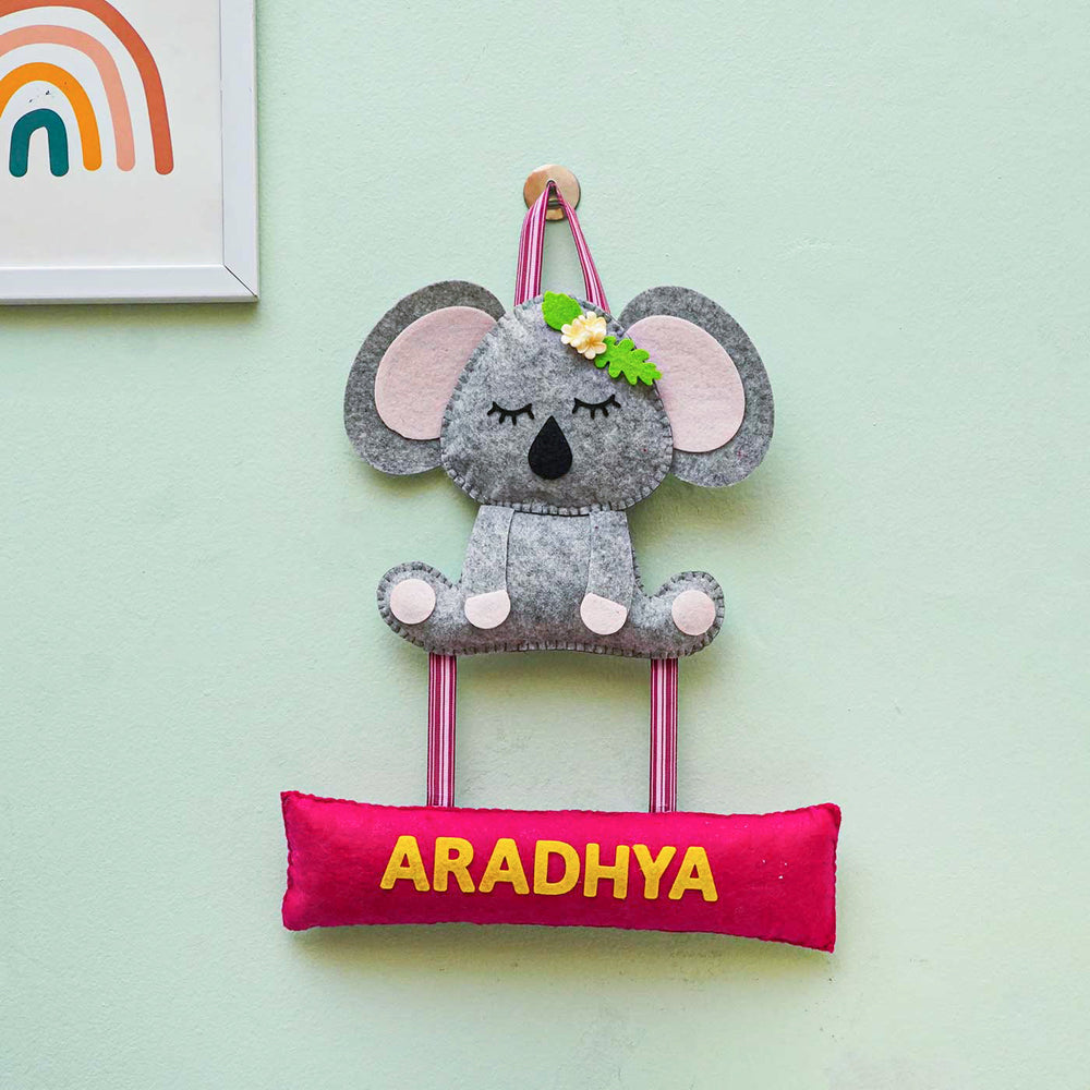 Personalized Handmade Koala Theme Felt Name Plate - Hanging Front View with Name Personalization
