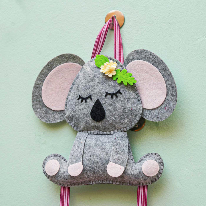 Personalized Handmade Koala Theme Felt Name Plate - Hanging on Wall Hook Front View