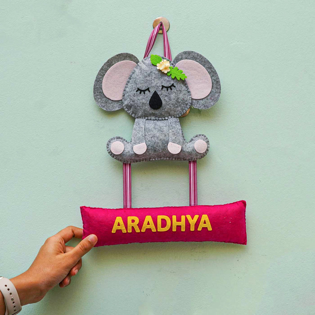 Personalized Handmade Koala Theme Felt Name Plate - Hanging with Name Personalization Example