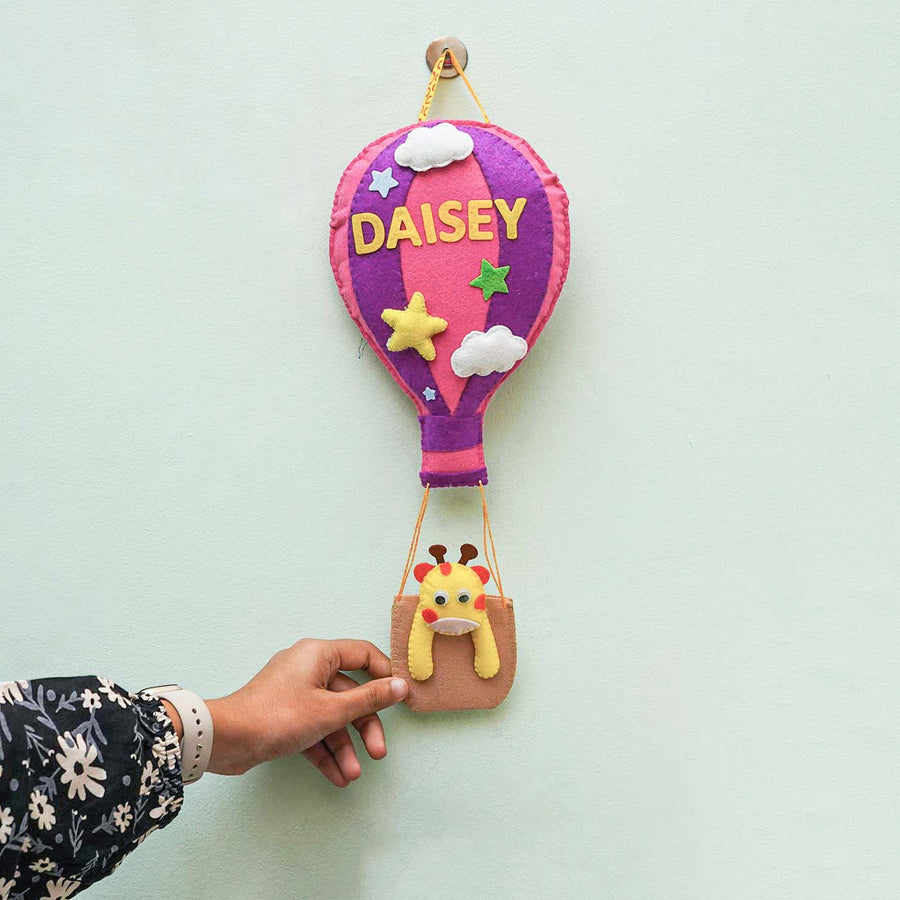 Personalized Handmade Hot Air Ballon Felt Name Plate - Hanging Wall Display with Hand Interaction