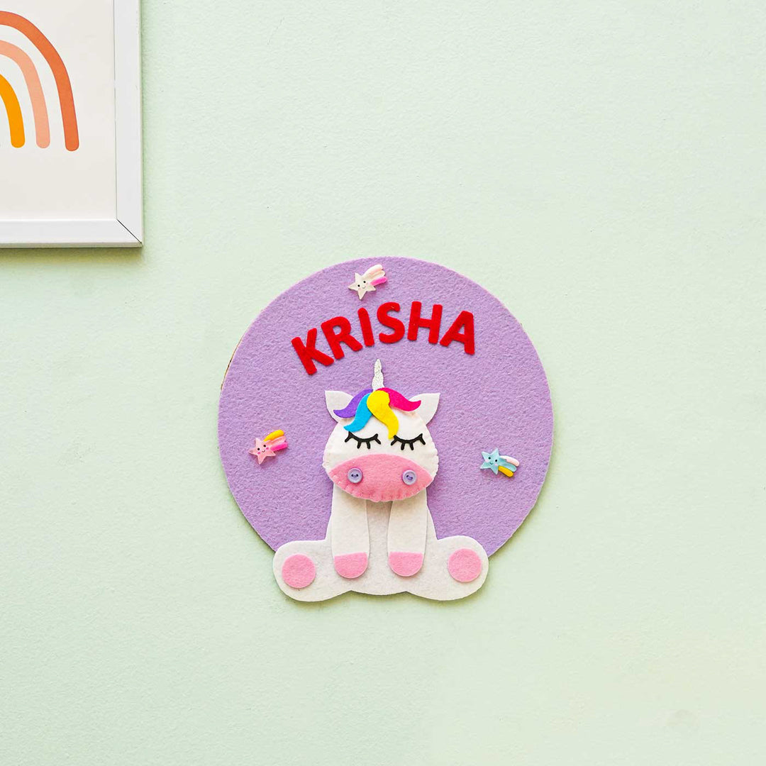 Personalized Handmade Unicorn Theme Felt Hoop Name Plate - Mounted on Wall with Name Personalization