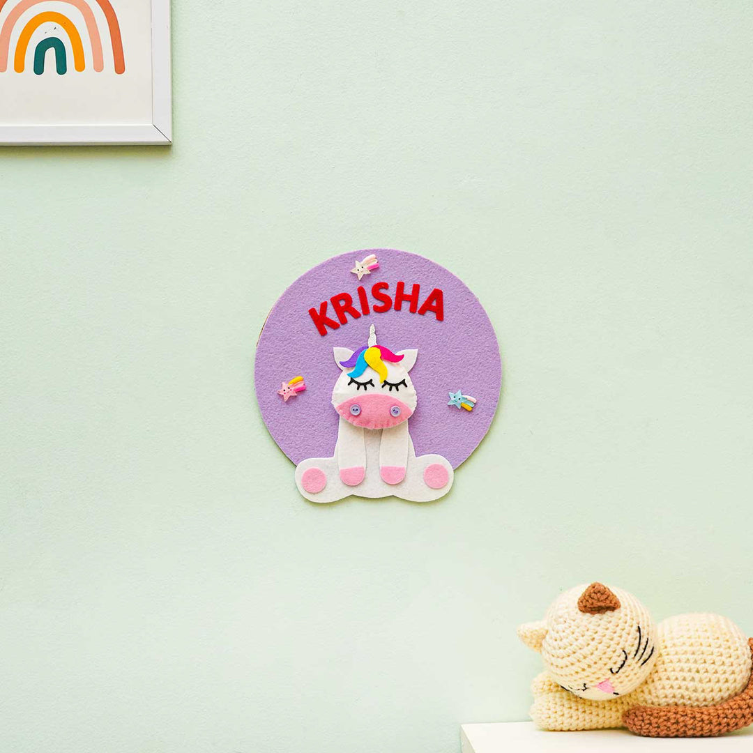 Personalized Handmade Unicorn Theme Felt Hoop Name Plate - Name Personalization Example on Wall