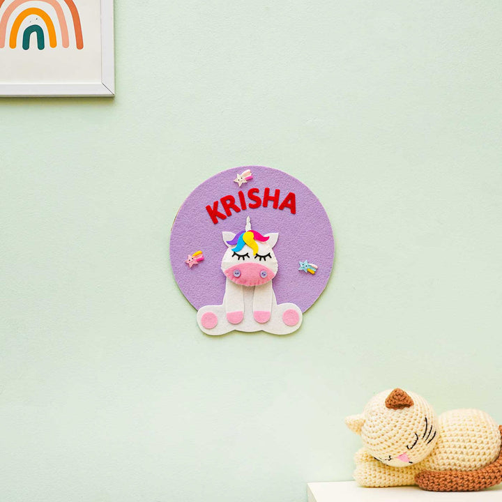 Personalized Handmade Unicorn Theme Felt Hoop Name Plate - Name Personalization Example on Wall