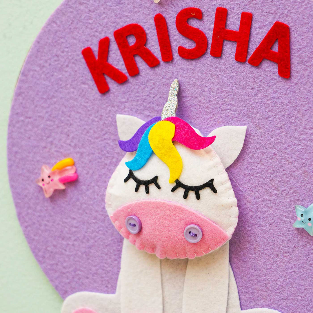 Personalized Handmade Unicorn Theme Felt Hoop Name Plate - Name Personalization Close-up