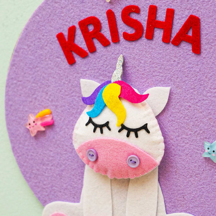 Personalized Handmade Unicorn Theme Felt Hoop Name Plate - Name Personalization Close-up