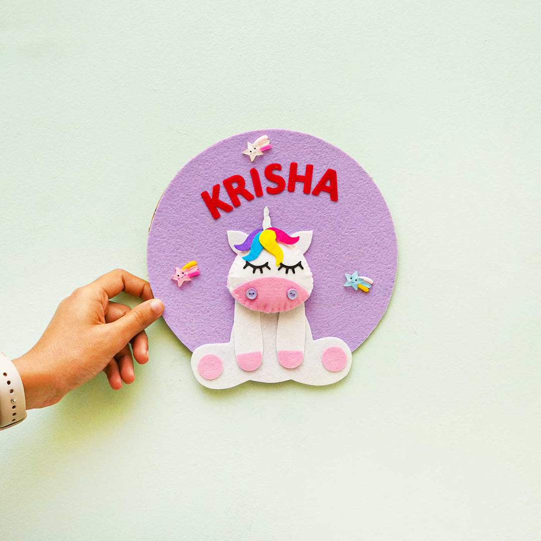 Personalized Handmade Unicorn Theme Felt Hoop Name Plate - Hand Holding Front View with Name Personalization