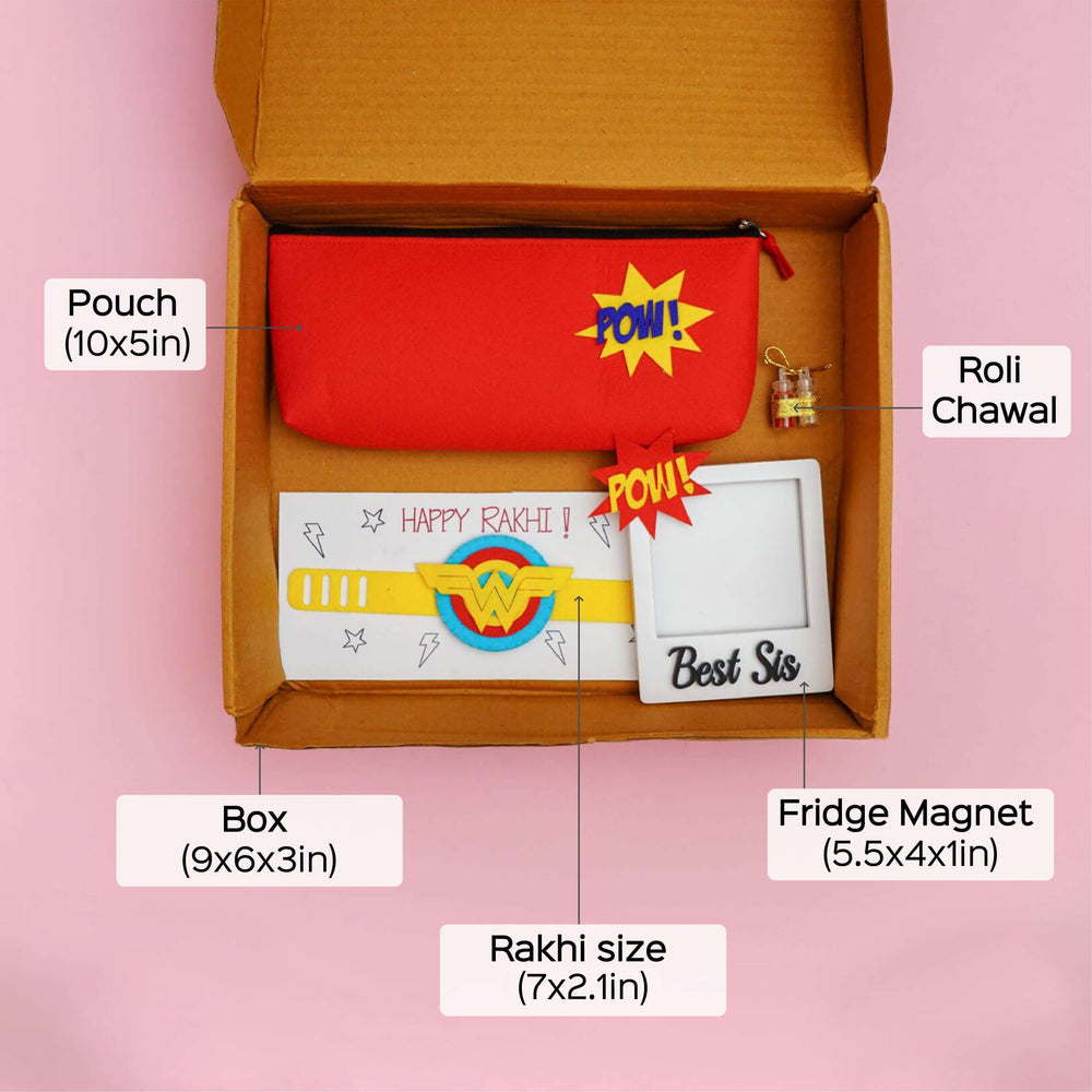 Kids Rakhi Hamper With Pouch And Fridge Magnet 5 - Dimensions and packaging details