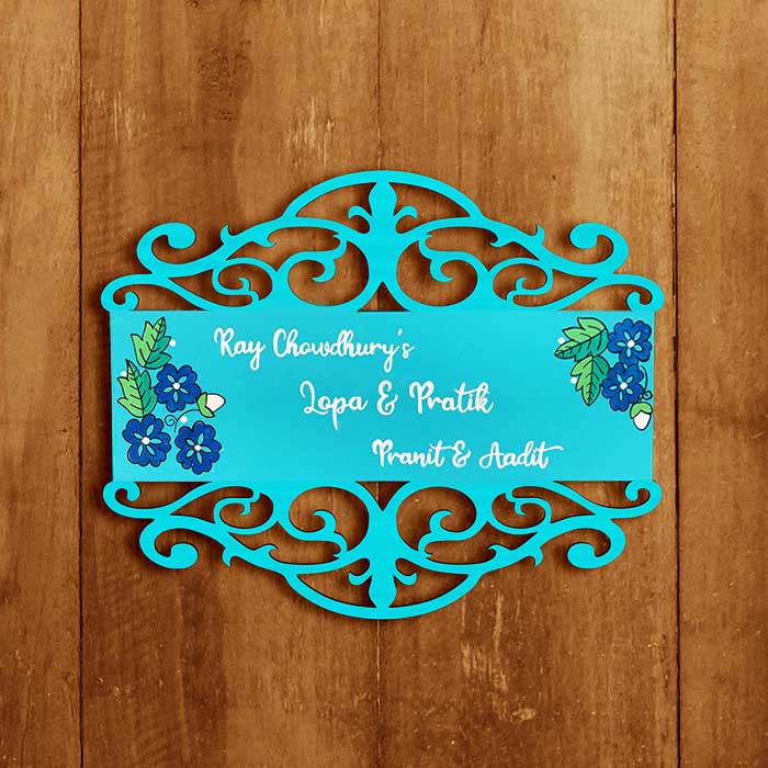 Rectangle Hand Painted Madhubani Art Name Plate 4 - Name Personalization Example on Wood Background